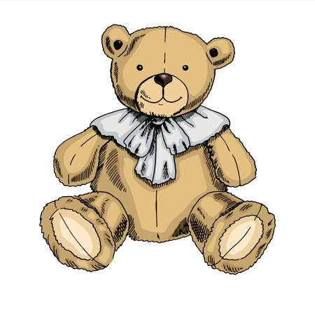 A hand-drawn ink sketch of a vintage toy. Teddy bear toy. Outline on a white background, vintage vector illustration.のイラスト素材