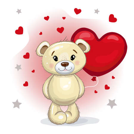 Cute teddy bear with a red balloon in the shape of a heart. Teddy bear on a pink background with hearts. Vector cartoon illustration for Valentine's day.のイラスト素材