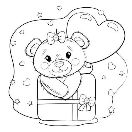 Cute teddy bear girl coloring with a balloon in the shape of a heart and a gift. Teddy bear on a white background with hearts. Vector cartoon outline illustration for Valentine's day or birthday.のイラスト素材