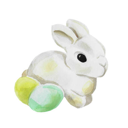 Watercolor drawing of easter bunny and painted eggs. Watercolor hand-drawn illustration isolated on a white background. Happy Easter illustration.の写真素材
