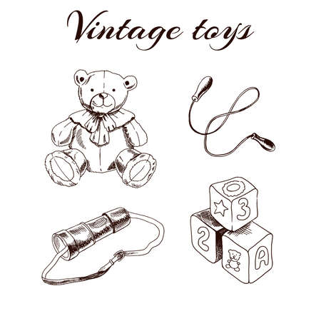 A set of hand-drawn vintage toys: teddy bear, skipping rope, spyglass, blocks. Outline vintage vector illustration. Vintage sketch element for labels, packaging and cards design.のイラスト素材