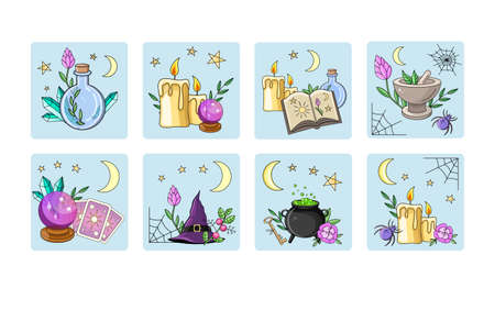 Magic icon set. Magic ball, potion, magic book, witch hat, broom, tarot, candle, crystal, pot, mortar and pestle, stars, web, spider, key and crescent.のイラスト素材