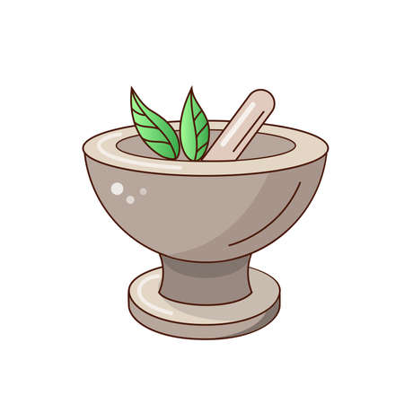 Vector drawing of a mortar and pestle. Vector flat illustration. Icon, sticker. cartoon illustration.のイラスト素材