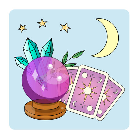 Cute Mystic icon. Cartoon colorful Magical element collection. Kawaii astrology icons of magic ball, crystals, tarot cards, crescent, stars, branch vector stuff.のイラスト素材