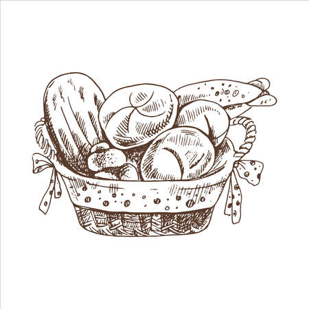 Vector hand drawn illustration of wicker basket with bread. Brown and white pastry drawing isolated on white background. Sketch icon and bakery element for print, web, mobile and infographics.のイラスト素材