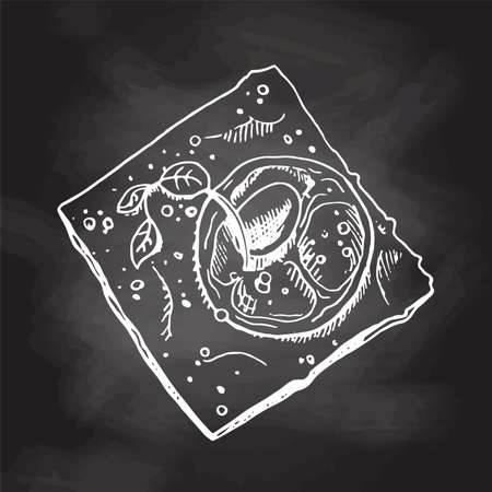 Vector hand drawn illustration of crispbread with tomato and herbs. White sketch isolated on black chalkboard. Sketch icon and bakery element for print, web, mobile and infographics.のイラスト素材