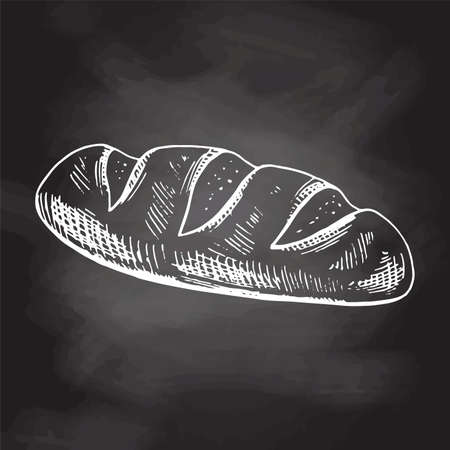 Vector hand drawn illustration of bread. White sketch isolated on black chalkboard. Sketch icon and bakery element for print, web, mobile and infographics.のイラスト素材