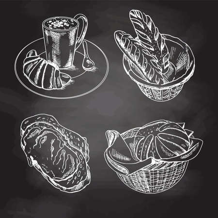 Vintage hand drawn sketch style bakery set. A cup of coffee with a croissant, a spoon on a plate, bread. White sketch isolated on black chalkboard. Icons and elements for print, labels, packaging.のイラスト素材