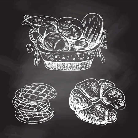 Vintage hand drawn sketch style bakery set. Bread in basket, bagels and cookies. White sketch isolated on black chalkboard. Icons and elements for print, labels, packaging.のイラスト素材