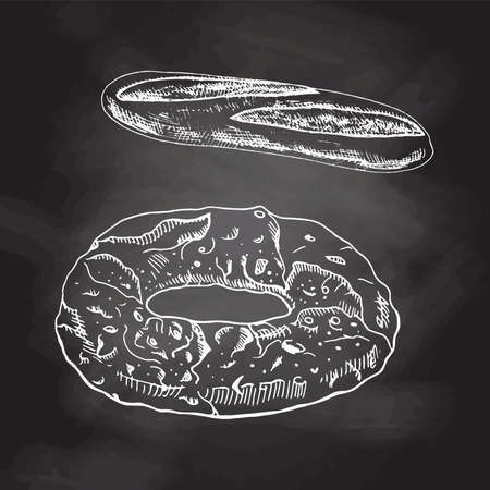 Vintage hand drawn sketch style bakery set. Bread and Pretzel. White sketch isolated on black chalkboard. Icons and elements for print, labels, packaging.のイラスト素材