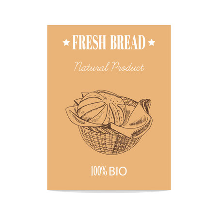 Vector hand drawn sketch wicker basket with loaf of bread poster. Bread illustration. Icons and elements for print, labels, packaging.のイラスト素材