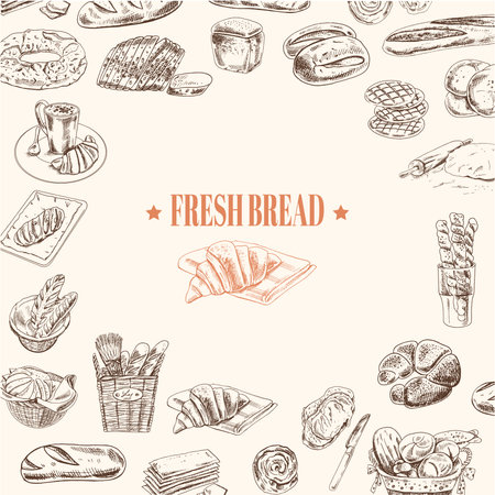 Bakery banner fresh bread basket of buns hand drawn vector illustrationのイラスト素材