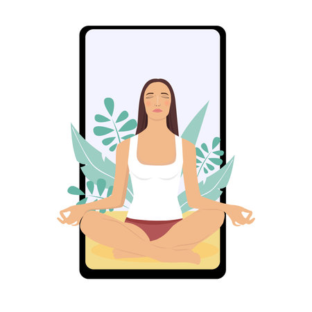The image of a woman meditating on nature displayed on the smartphone screen. Concept illustration for yoga healthy lifestyle. illustration in flat cartoon style.のイラスト素材