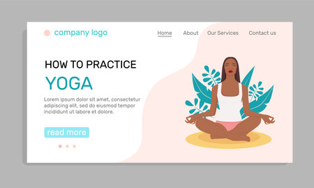 Woman meditating in nature and leaves. landing page. Illustration of the concept of a healthy lifestyle, physical exercises, yoga classes. flat style illustration.のイラスト素材
