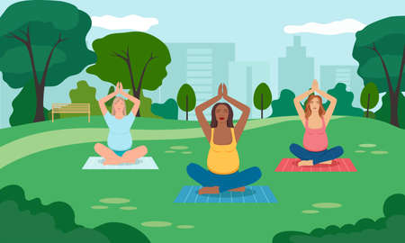Concept illustration for prenatal yoga, meditation, relax, healthy lifestyle. Pregnant women meditating in the park. illustration in flat cartoon style.のイラスト素材