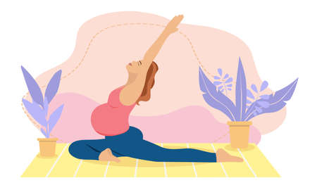 Pregnant woman meditating at home. Concept illustration for prenatal yoga, meditation, relax, recreation, healthy lifestyle. illustration in flat cartoon style.のイラスト素材