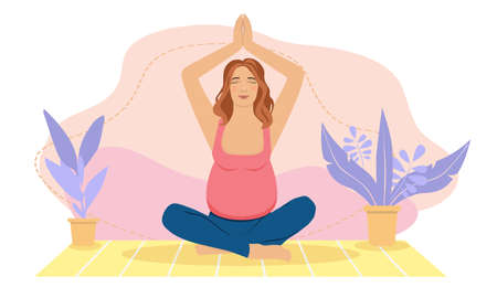 Pregnant woman meditating at home. Concept illustration for prenatal yoga, meditation, relax, recreation, healthy lifestyle. illustration in flat cartoon style.のイラスト素材