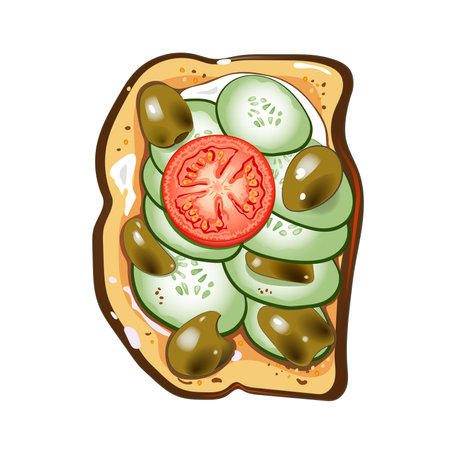 Toast with olives, cucumbers, tomato, pepper and sour cream. Vegetable toast on grilled bread slice. open sandwich. Vegan snack food. vector illustration.のイラスト素材