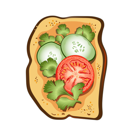 Toast with tomatoes, parsley and cucumbers. Vegetable toast on grilled bread slice. open sandwich. Vegan snack food. vector illustration.のイラスト素材