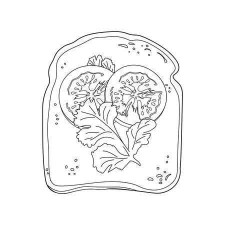 Outline Toast with tomatoes and parsley. Vegetable toast on grilled bread slice. open sandwich. Vegan snack food. vector illustration.のイラスト素材