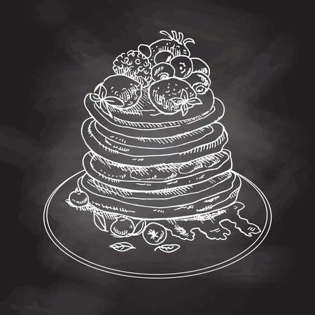 Vector vintage pancake drawing. Hand drawn monochrome food illustration. Sketch of Pancakes with berries and syrup. White sketch isolated on black chalkboard.のイラスト素材