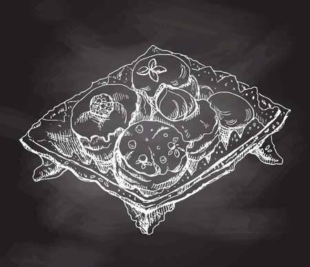 Hand drawn sketch of old vintage plate filled with a delicious cookie and cakes. vector illustration. Food elements for menu design. White sketch isolated on black chalkboard.のイラスト素材