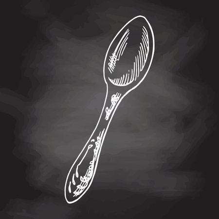 hand drawn sketch illustration. Vector monochrome vintage spoon. White sketch isolated on black chalkboard. Icons and elements for print, labels, packaging. Vintage, doodle style.のイラスト素材
