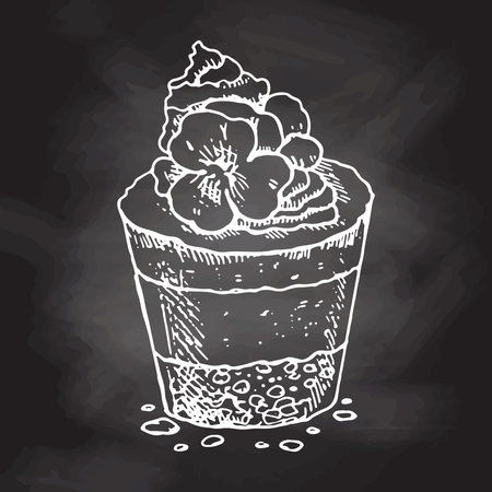 Tasty Creamy Sweet Dessert. Vintage Vector Monochrome Illustration. Hand drawn sketch of Delicious Cup cake With cream top and flower. Design Gastronomy Product element.のイラスト素材
