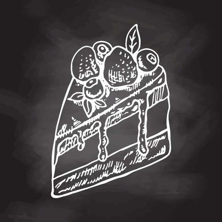 Tasty Creamy Sweet Dessert. Hand drawn sketch of Delicious Cake With strawberries and blueberries. White sketch isolated on black chalkboard. Icons and elements for print, labels, packaging.のイラスト素材