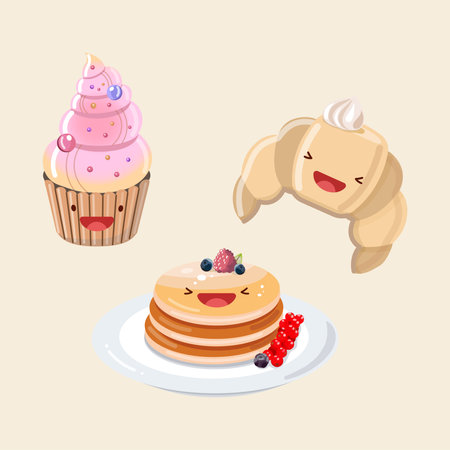 Muffin, croissant, pancakes with syrup and berries. Vector icon cute illustration. Sticker kawaii cartoon logos. Dessert concept. Flat cartoon style suitable for web landing page, banner, sticker.のイラスト素材