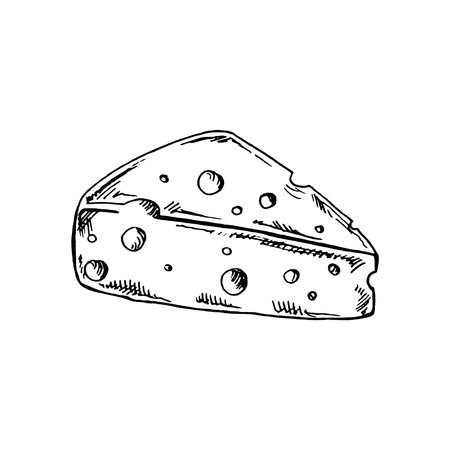 Hand drawn sketch piece of cheese. Vector black and white vintage illustration. Isolated object on white background.のイラスト素材