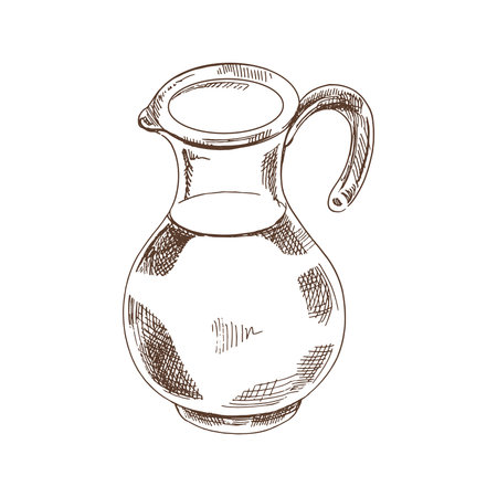 Jug hand drawn vector monochrome sketch. Retro milk decanter sketch. Ewer, utensil, kitchenware design element. vintage dishes on a white backgroundのイラスト素材