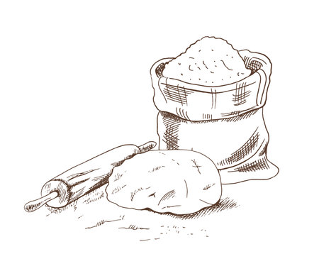 Vector hand drawn sketch illustration of dough, rolling pin and flour bag. Drawing isolated on white background. Sketch icon and bakery element.のイラスト素材