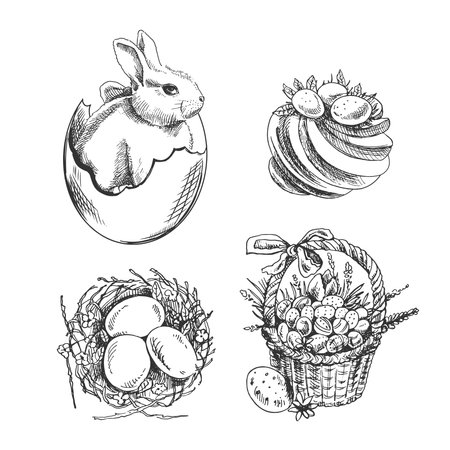 A hand-drawn sketch Easter Holiday set. Rabbit in a shell, meringue, nest with eggs, basket with Easter eggs. vector illustration. Black and white vintage drawing.のイラスト素材