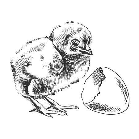A hand-drawn sketch of chicken and shell. Easter Holiday. vector illustration. Drawing isolated on white background. vintage element.のイラスト素材