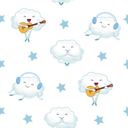 Seamless cloud pattern. Cute cartoon cloud with a guitar in his hands and cloud listening to music with headphones. vector illustration. Kawaii style.のイラスト素材