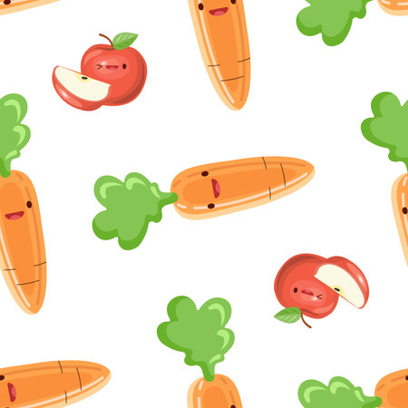 Cute carrots and apples seamless pattern. vector illustration. food icon concept. flat cartoon style.のイラスト素材