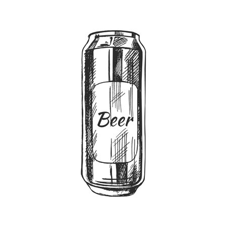 Hand-drawn sketch of beer can isolated on white background. Vector vintage engraved illustration.のイラスト素材