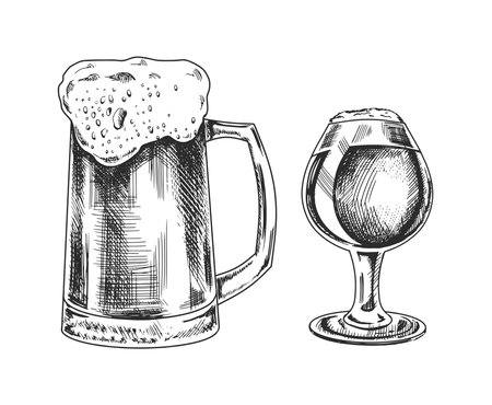 Hand-drawn sketch of beer mug and glass of beer isolated on white background. Vector vintage engraved illustration.のイラスト素材