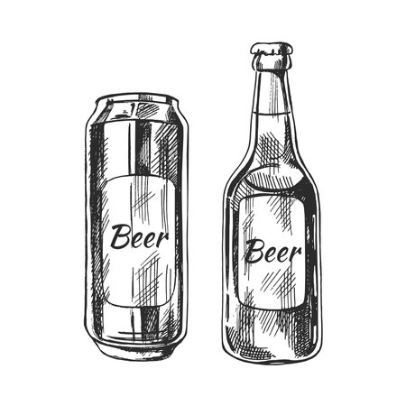 Hand-drawn sketch of beer can and bottle isolated on white background. Vector vintage engraved illustrationのイラスト素材