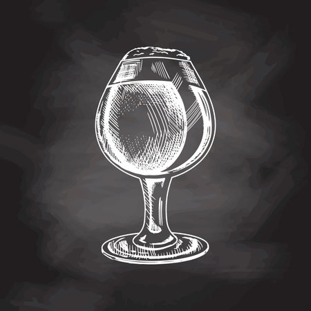 Hand-drawn sketch of beer glass isolated on chalkboard background, white drawing. Vector vintage engraved illustration.のイラスト素材