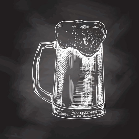 Hand-drawn sketch of beer mug isolated on chalkboard background, white drawing. Vector vintage engraved illustration.のイラスト素材