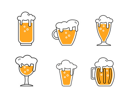 Cute beer glasses and mugs colored icon isolated on white background. Beer symbol. Vector Design Illustration. outline style.のイラスト素材