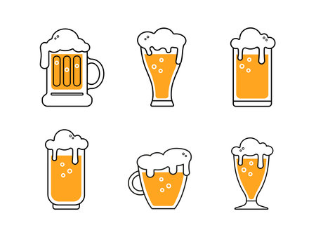 Cute beer glasses and mugs colored icon isolated on white background. Beer symbol. Vector Design Illustration. outline style.のイラスト素材