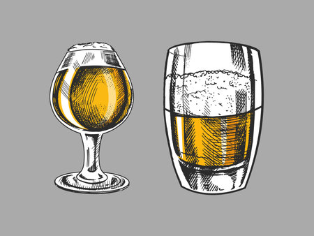 Hand-drawn sketch of beer mug and glass of beer isolated on white background. Vector vintage engraved illustration.のイラスト素材