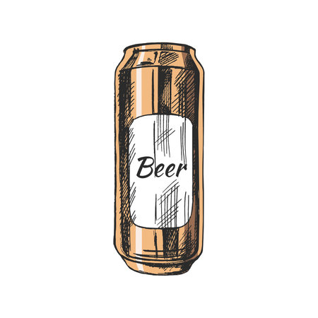 Hand-drawn sketch of beer can isolated on white background. Vector vintage engraved illustration.のイラスト素材
