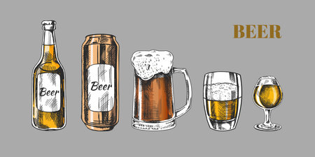 Hand-drawn sketch of beer can, beer bottle, beer glasses and beer mug isolated on white background. Vector vintage engraved illustrationのイラスト素材