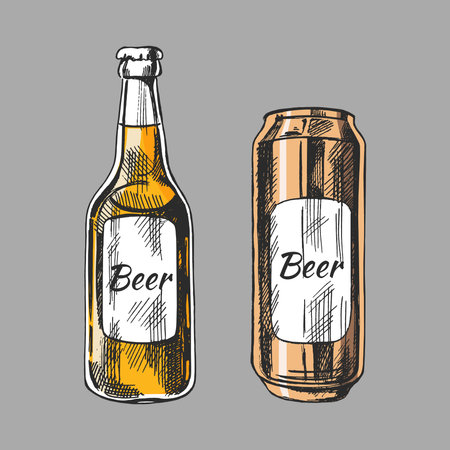 Hand-drawn sketch of beer can and bottle isolated on white background. Vector vintage engraved illustrationのイラスト素材