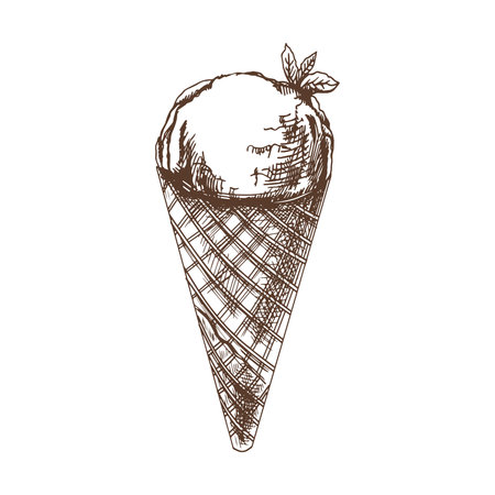 A hand-drawn sketch of a waffle cone with ice cream. vintage illustration. Element for the design of labels, packaging and postcards.のイラスト素材