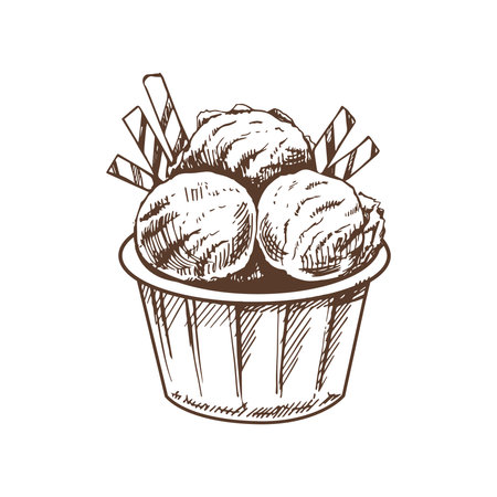 A hand-drawn sketch of an ice cream ball in a cup. vintage illustration. Element for the design of labels, packaging and postcards.のイラスト素材